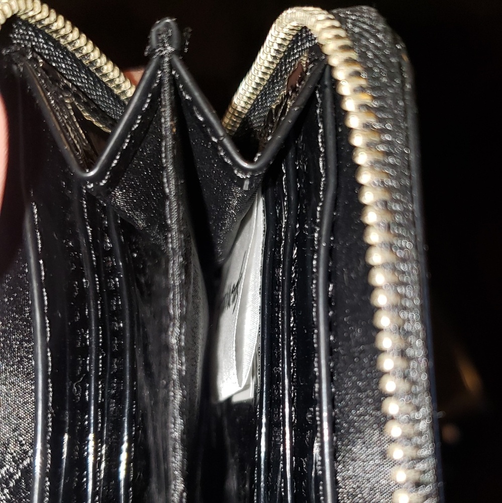 Black patent leather tote, passport  and card/coin